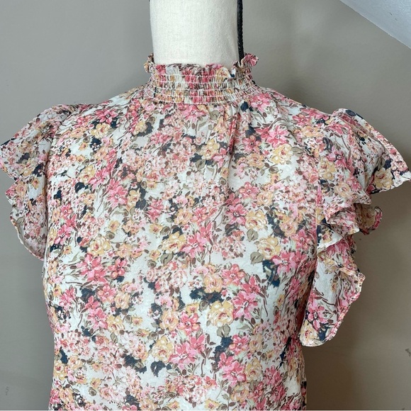 1.State Floral Ruffle Smocked Waist Keyhole Back Tiered Mini Dress XXS - Picture 5 of 12